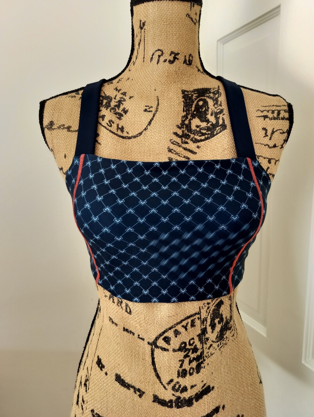 Peloton Navy Patterned Crop Sports Bra with Red Piping Size S